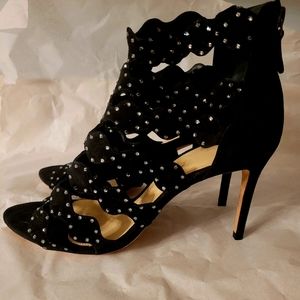 Alexanjre Birman Black Sparkly Zip-up Open Bootie Heels Size 8.5 (38 1/2)